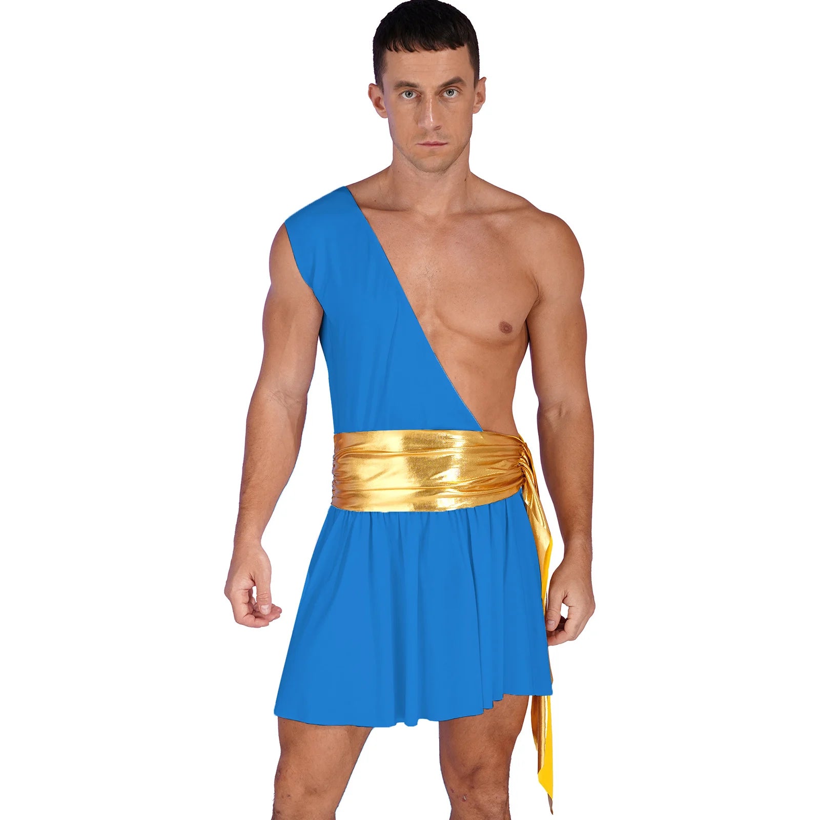 Men's Ancient Greek God Halloween Costume One Shoulder Strap Skirts Knight Warrior - Blue A / 3XL