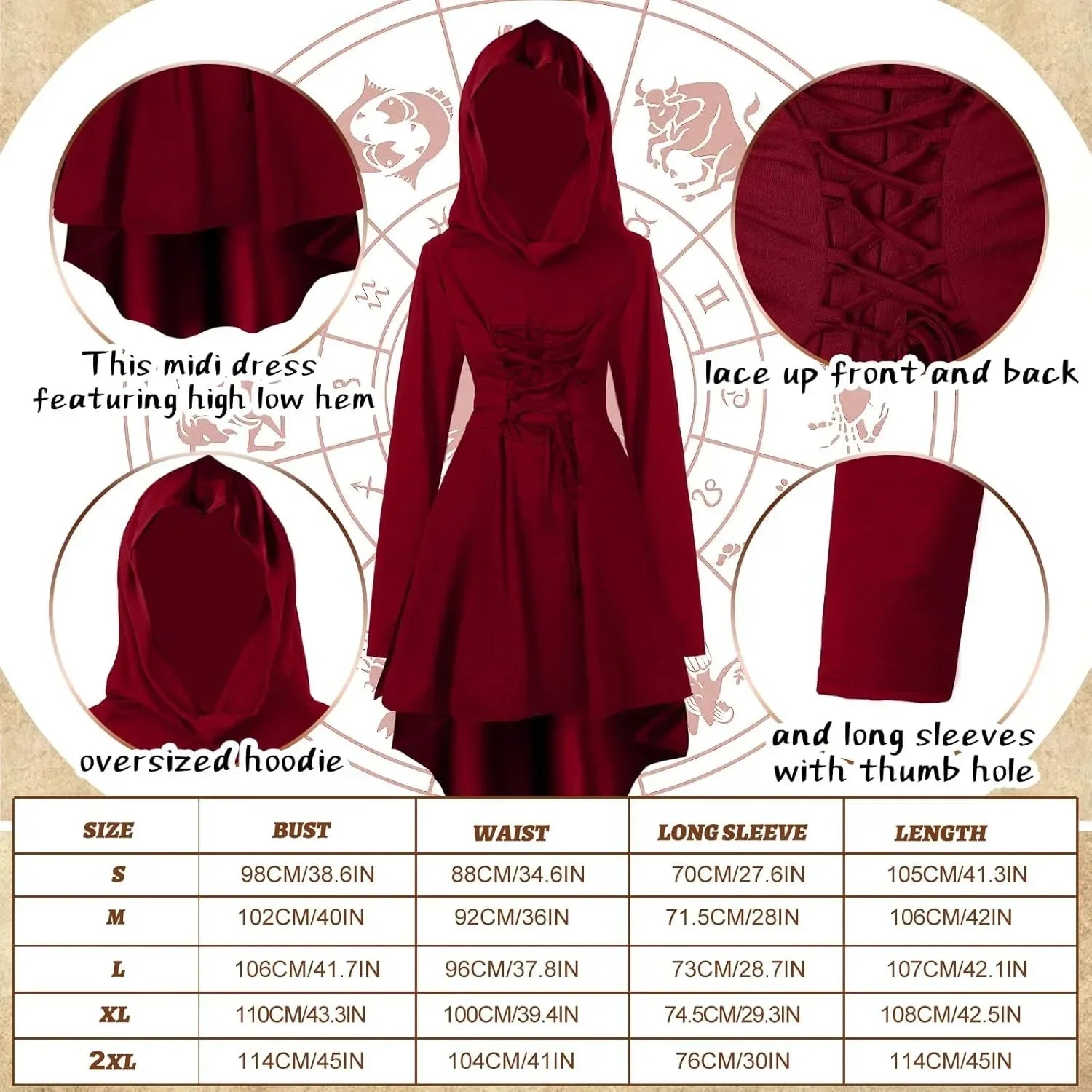 Women's Medieval Renaissance Vintage Hooded High Low Pullover Halloween Costume - Burgundy / XL