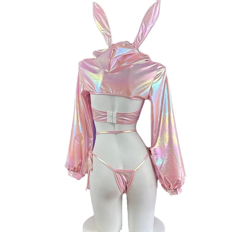 Sexy Lingerie Anime Bunny Girl Cosplay Pink Laser Patent Leather Top Bikini Rabbit Girl Shiny Halloween Underwear