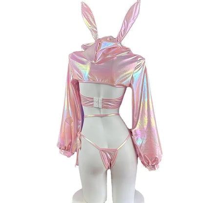 Sexy Lingerie Anime Bunny Girl Cosplay Pink Laser Patent Leather Top Bikini Rabbit Girl Shiny Halloween Underwear