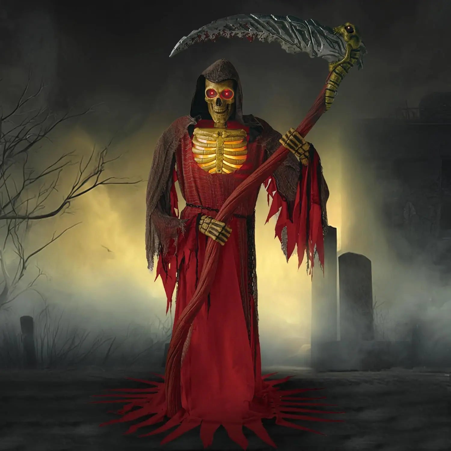 7Ft Animatronics Grim Reaper Decor Outdoor Animated Standing Skeleton