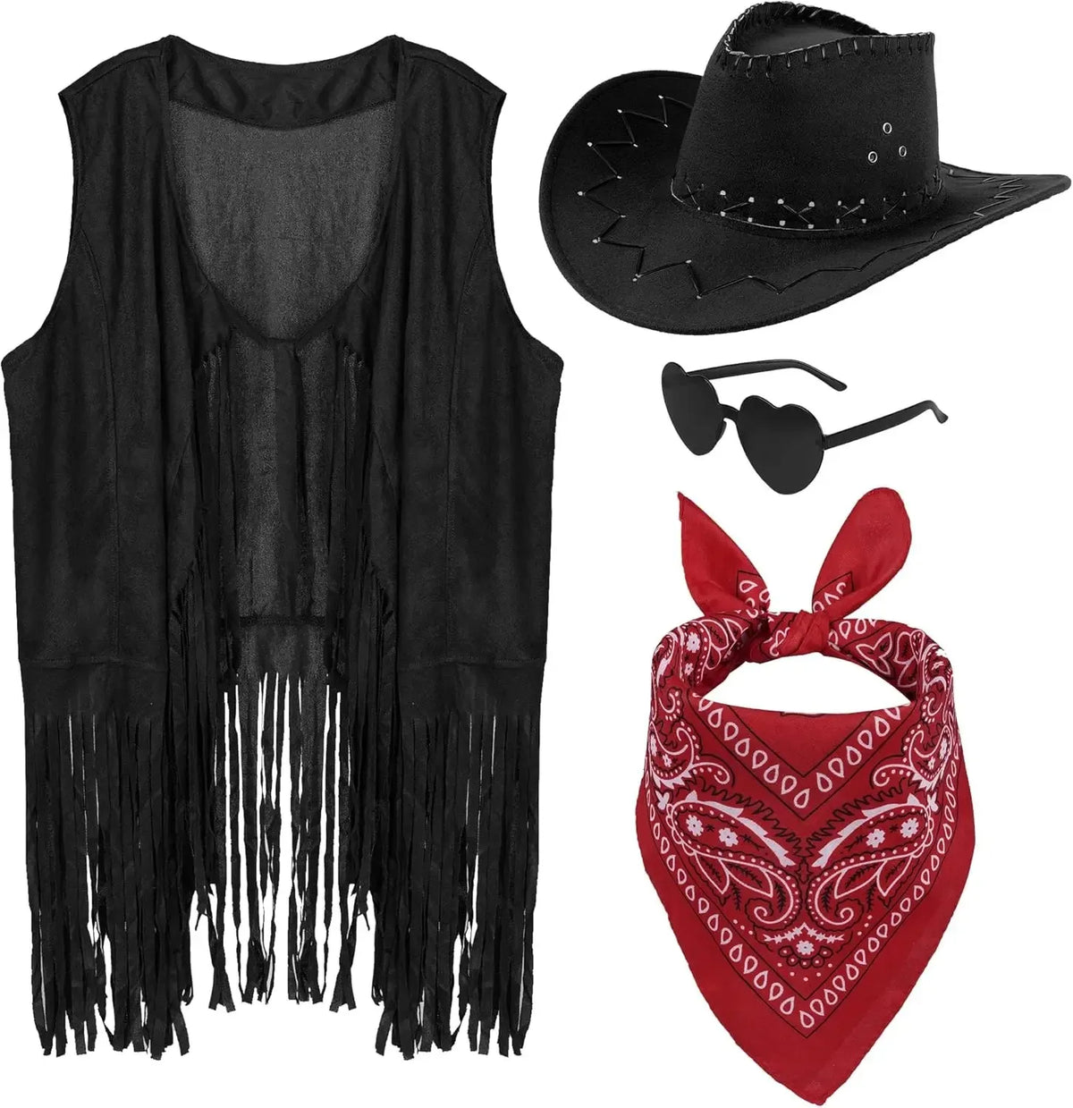 Women Men Cowgirl Costume Western Vest Hat Belt Bandana Set for Cowboy Tassels