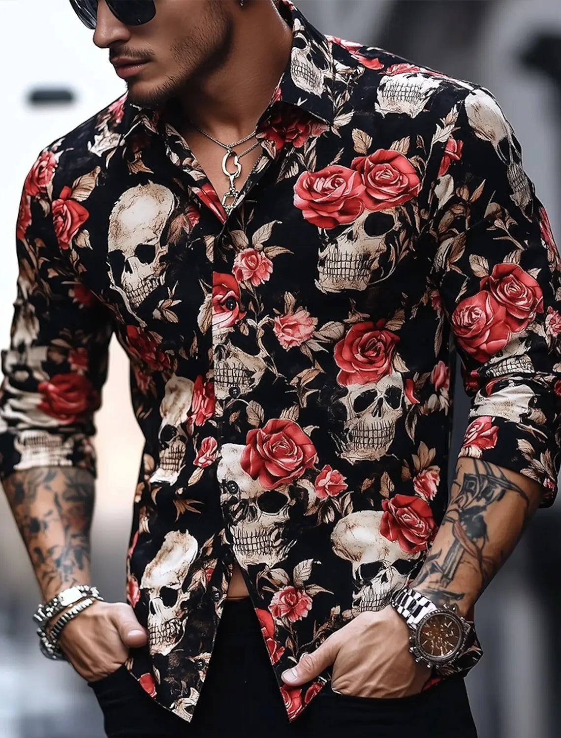 Men's Skeleton Skulls Shirt Button Long Sleeve Costume - alternate view 8