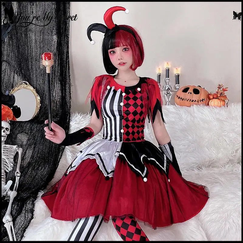 Halloween Clown Lolita Suit Women's Clown Costume Patchwork Striped Dress with Headgear - Suit 02 / XL