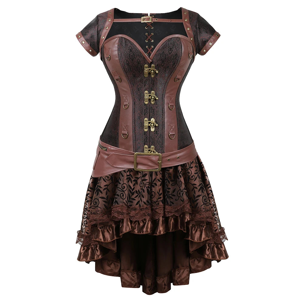 Steampunk Corset Dress Brown Pirate Costume Woman Skirt Plus Size Gothic Underbust