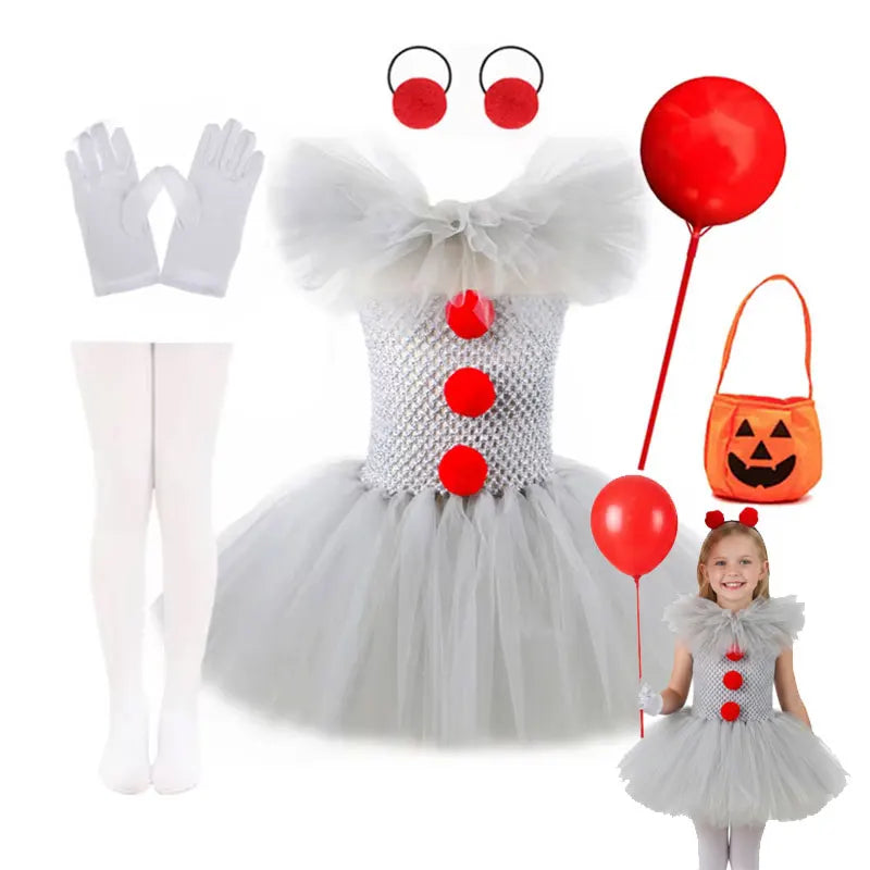 Girls Gray Creepy Clown Costume Handmade Mesh Tutu Dress Kids Halloween Carnival Cosplay