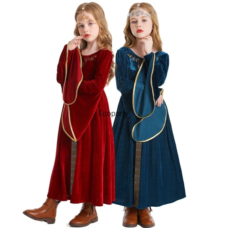 Kids' Medieval Vintage Court Ball Flared Sleeve European Full Halloween Costume - dark blue / 55.1 in (140 cm)