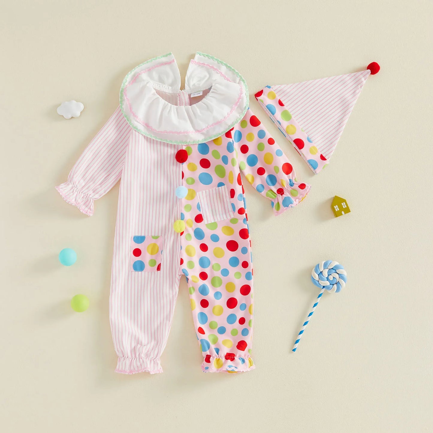 Toddler Baby Clown Costume Stripe Dot Print Sleeve Jumpsuit with Hat Baby Boy Halloween - Ivory / 24M