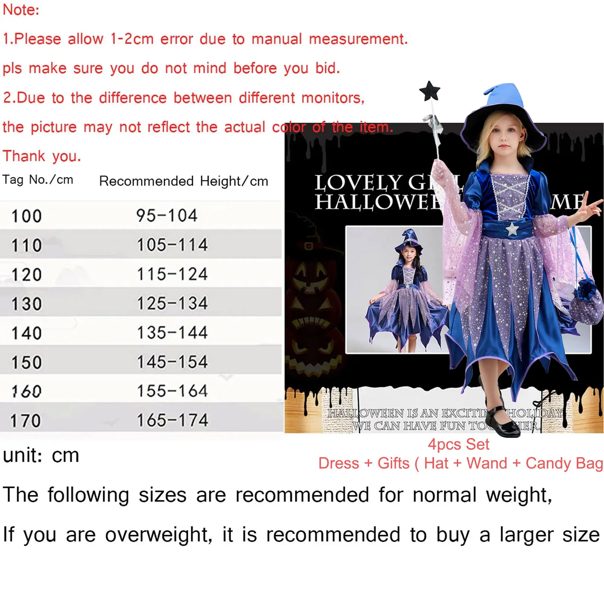 4pcs Halloween costume Witch Dress+Hat+Wand+Bag Girls Wizard Costume Set Witch Princess Carnival Masquerade - product image 5
