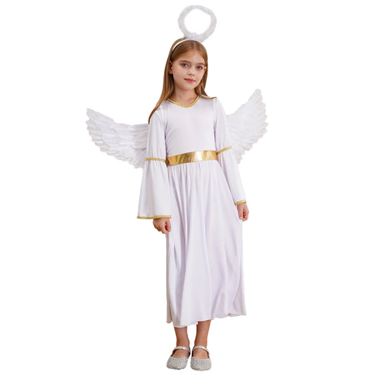 Girls Angel Costume Halloween Greek Goddesses Theme Dress Up Gold Trim Gown Dress Hairband - Red White / 14