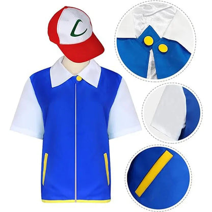 Men Anime Trainer Costume Boys Ash Ketchum Adult for Girls Halloween Women Blue Jacket Cap - Glove ball Hat / Kids 110