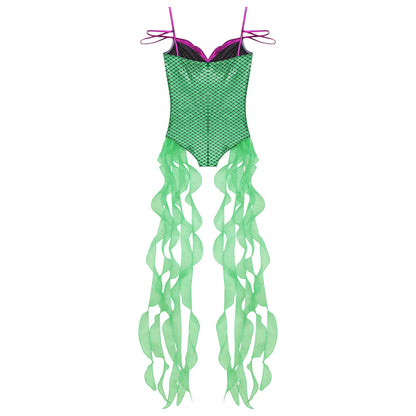 Women Halloween Theme Mermaid Princess Costume Sequin Metallic Shiny Fish Scales Print - Mint Green / S
