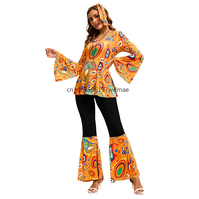 Women's Disco Multi-color Print Costume Hippie Cosplay Performance Clothes with Headband Set Female Dance - product image 6