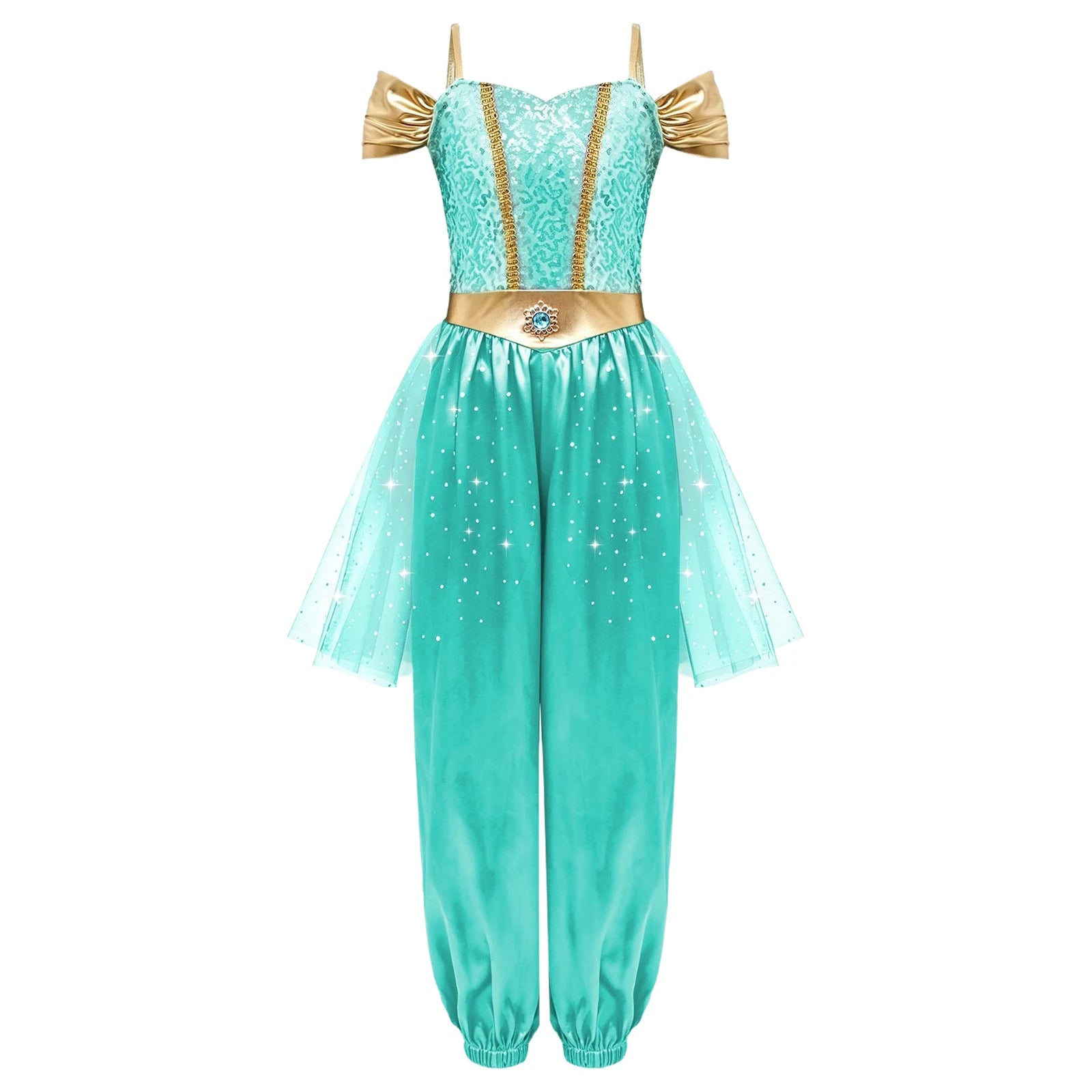 Girls Arabian Princess Halloween Carnival Dress Up Cosplay Costume Metallic Ruched Sequin Bodice Tulle Panel - product image 4