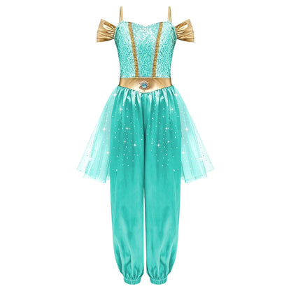Girls Arabian Princess Halloween Carnival Dress Up Cosplay Costume Metallic Ruched Sequin Bodice Tulle Panel - product image 4