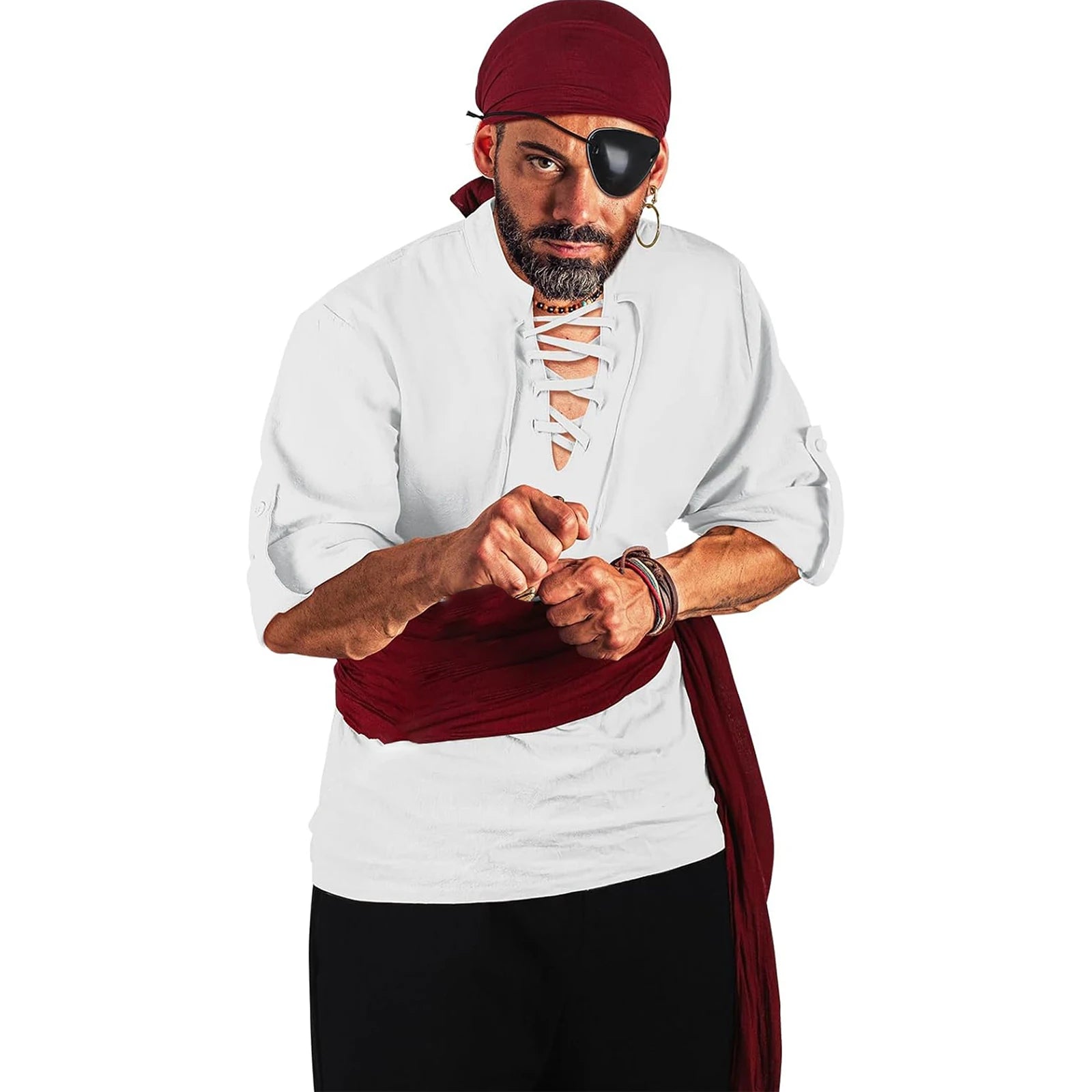 Men's Medieval Renaissance Pirate Shirt Ankle Banded Pants Headband Costume - alternate view 3