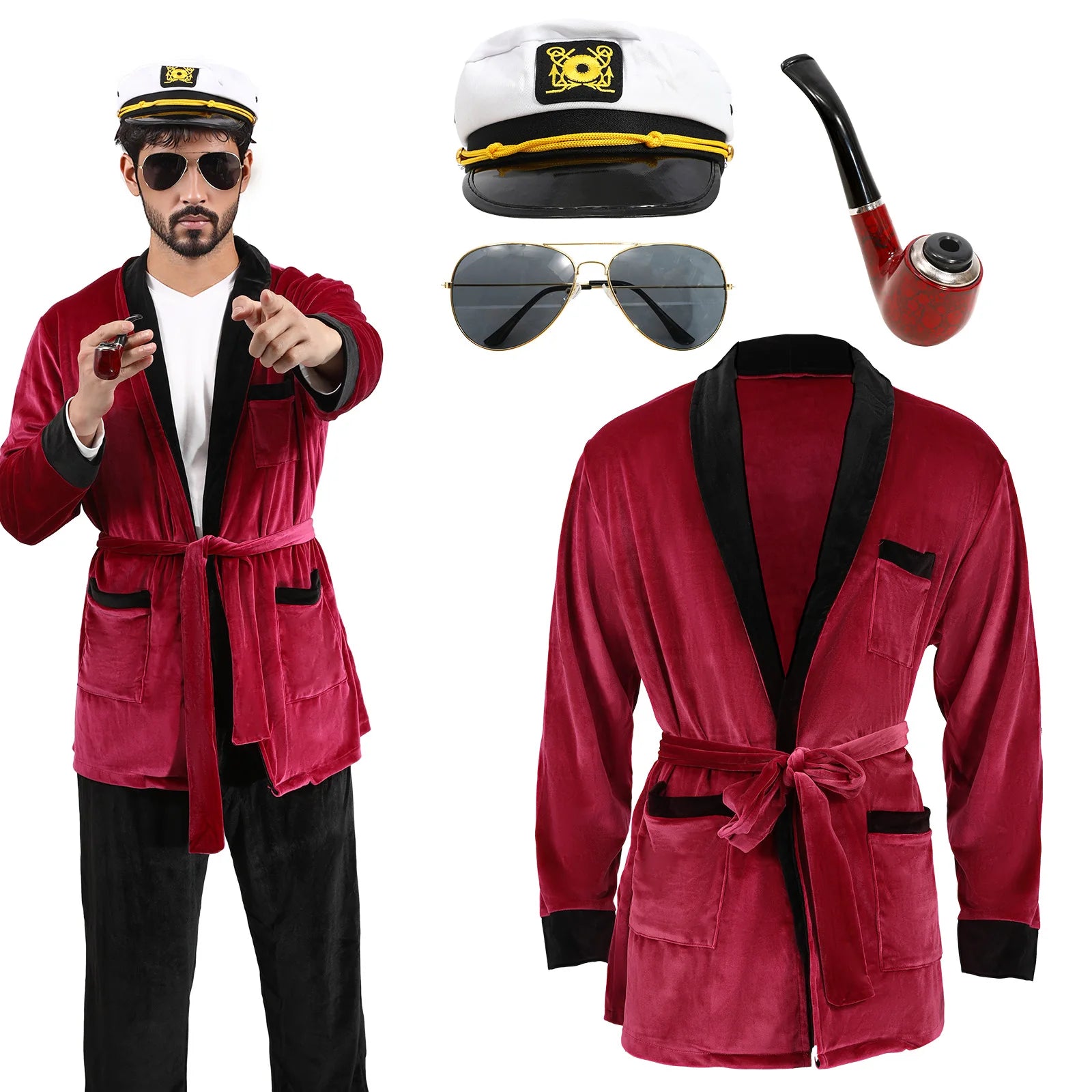 Men Velvet Robe Silky Long Sleeve Bathrobe Pajama with Sunglasses Captain Hat Belt PantsHalloween