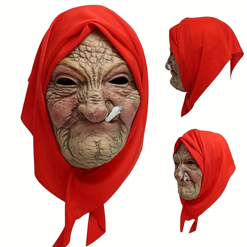 1-Pack Latex Scary Old Lady Mask, with Realistic Red Headscarf, High Detail, Ideal for Halloween Cosplay & - product image 6