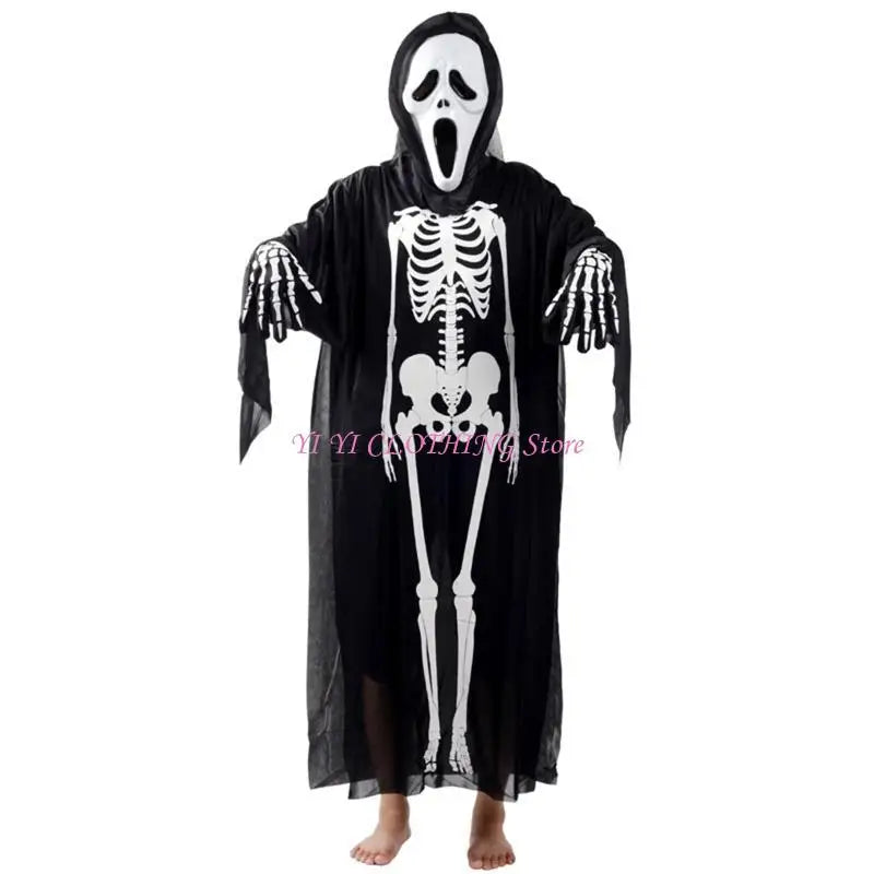 Halloween Skull Skeleton Costume Scary Ghost Robe with Front Bone Print for Kids Adult - View 3