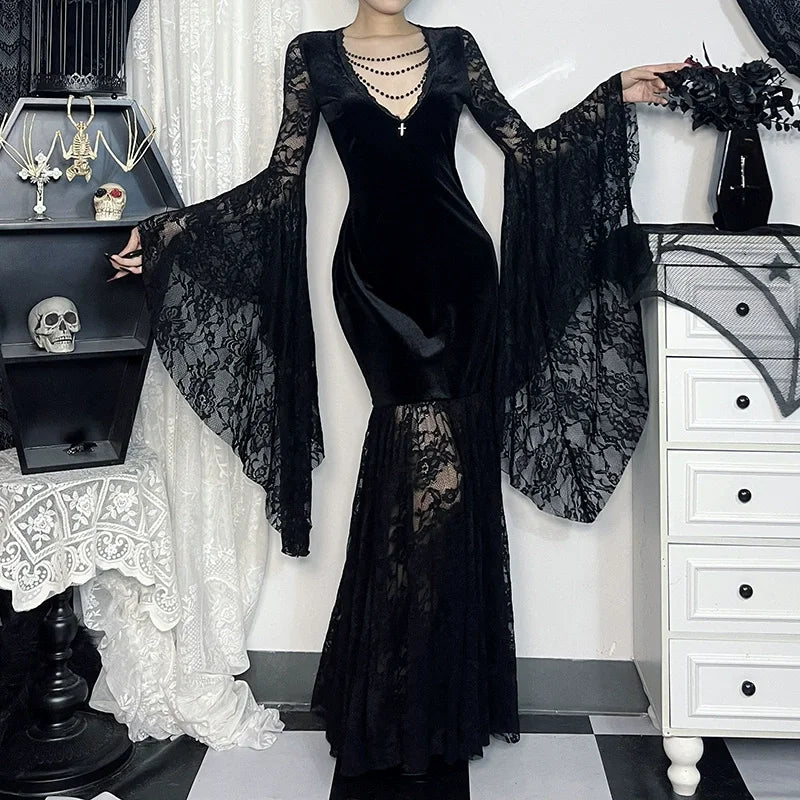 Halloween Costume Women Batwing Sleeve Floor Dress Black Gothic Evil Terror Maxi Mistress Morticia Addam - product image 6