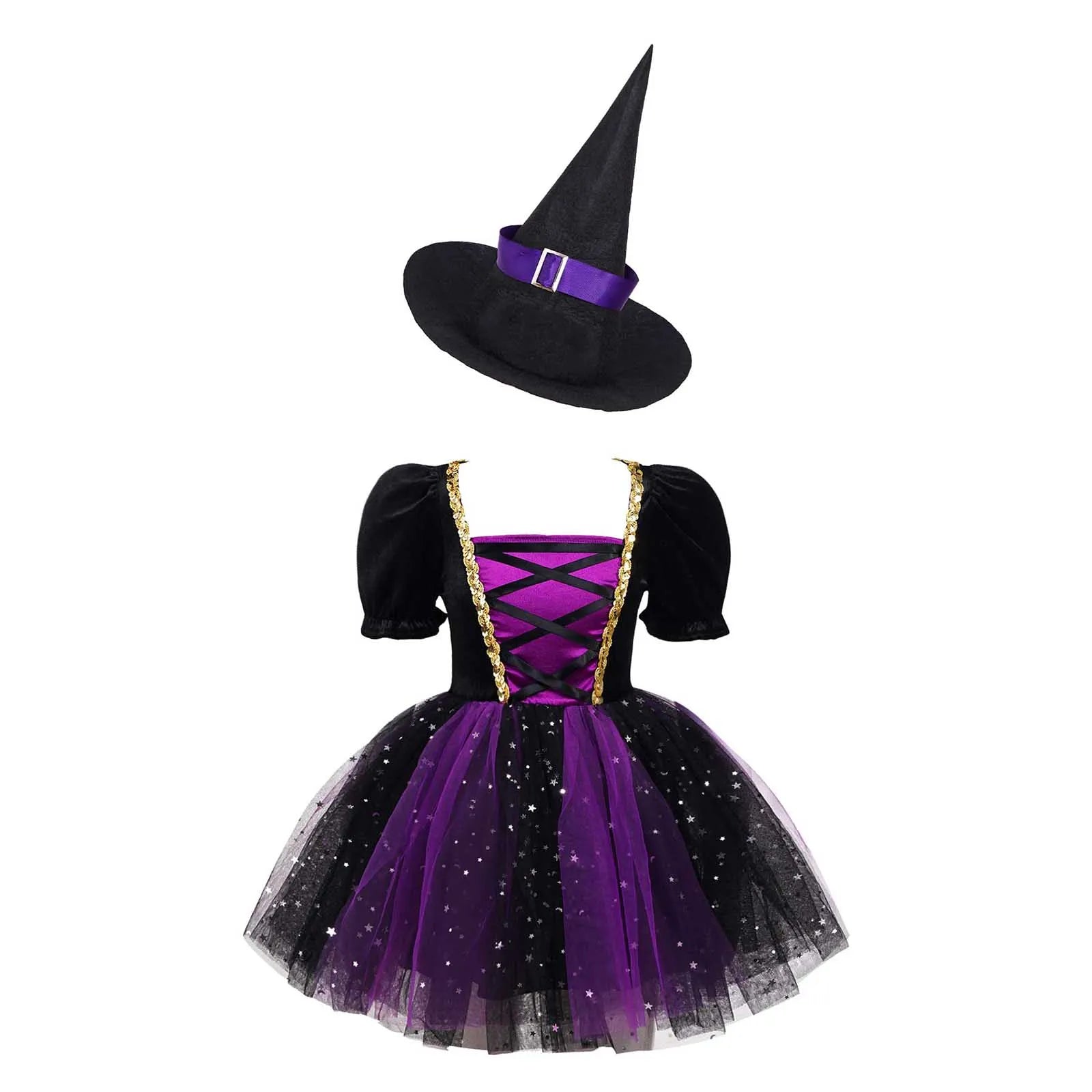 Kids Girls Witch Costume Halloween Cosplay Dress Glittery Mesh Tutu Dress with Pointed Hat for Dress Up - product image 7