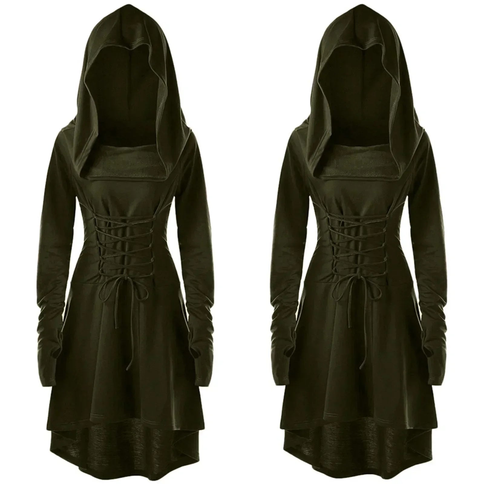 Women's Medieval Renaissance Vintage Hooded High Low Pullover Halloween Costume - army green / XXL
