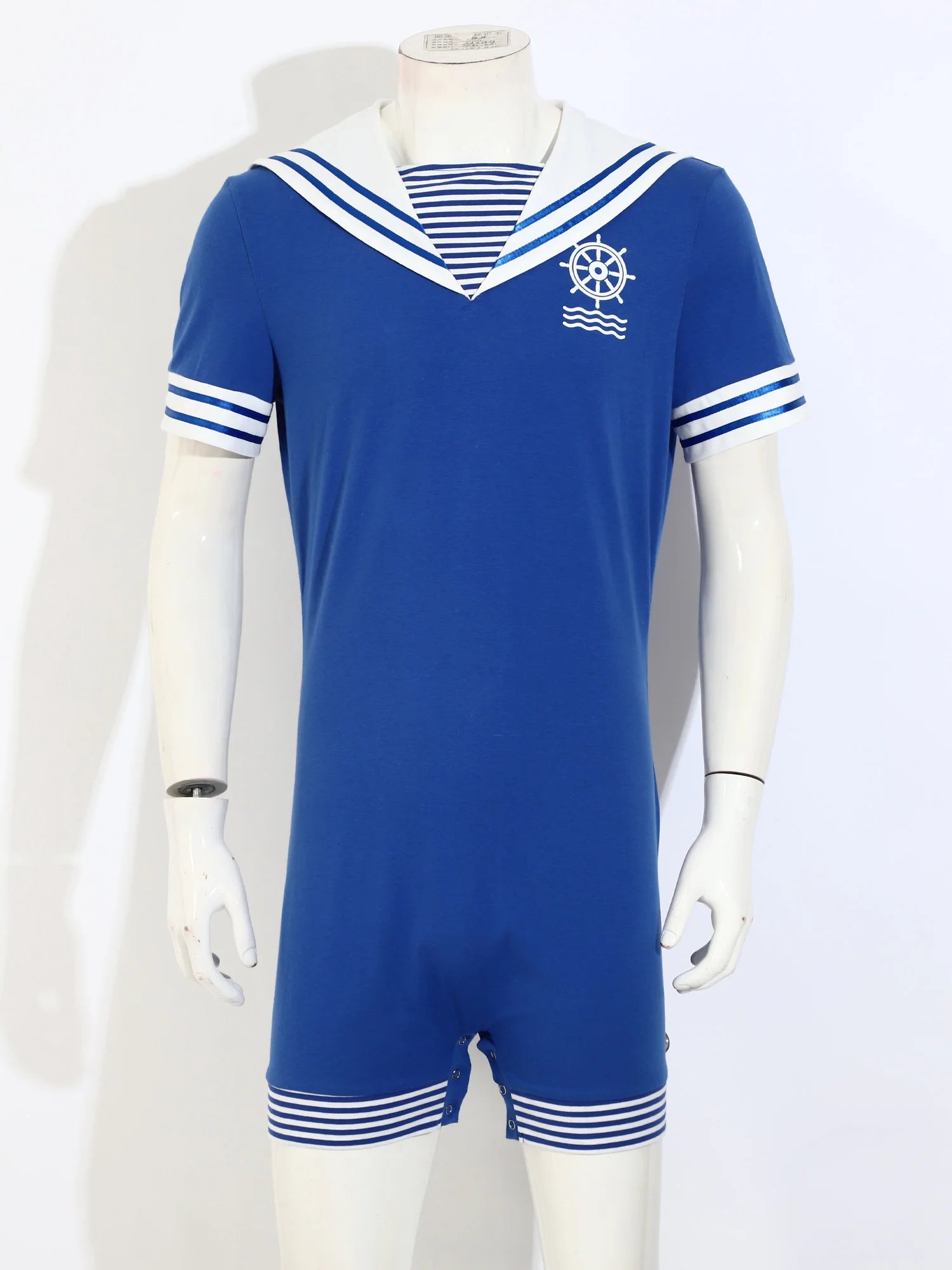 Men Navy Collar Rompers for Halloween Sailor Costume Short Sleeve Press Buttons Crotch - Royal Blue / S