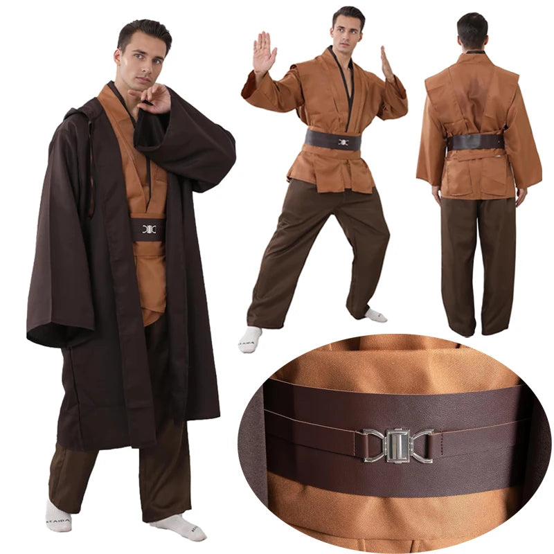 Men's Halloween Jedi Knight Costume Robe Adult Male Tunic Costume Hooded Uniform Full Set - Costume Set / M