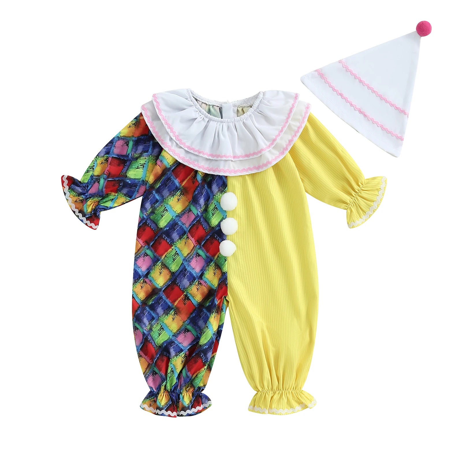 Toddler Baby Clown Halloween Costume Contrast Color Sleeve Jumpsuit and Hat 2 Pcs Set - B / 18-24M