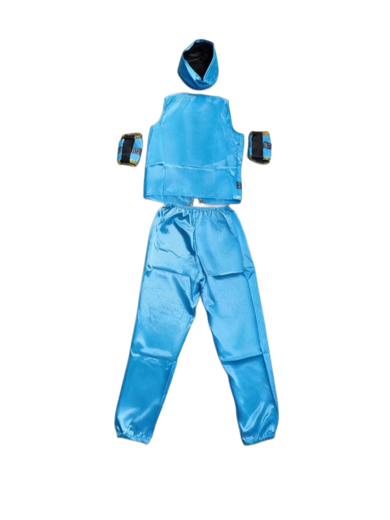 Kids Light Blue Egyptian Pharaoh Costume Set Satin Vest Pants Turban & Wrist Cuffs