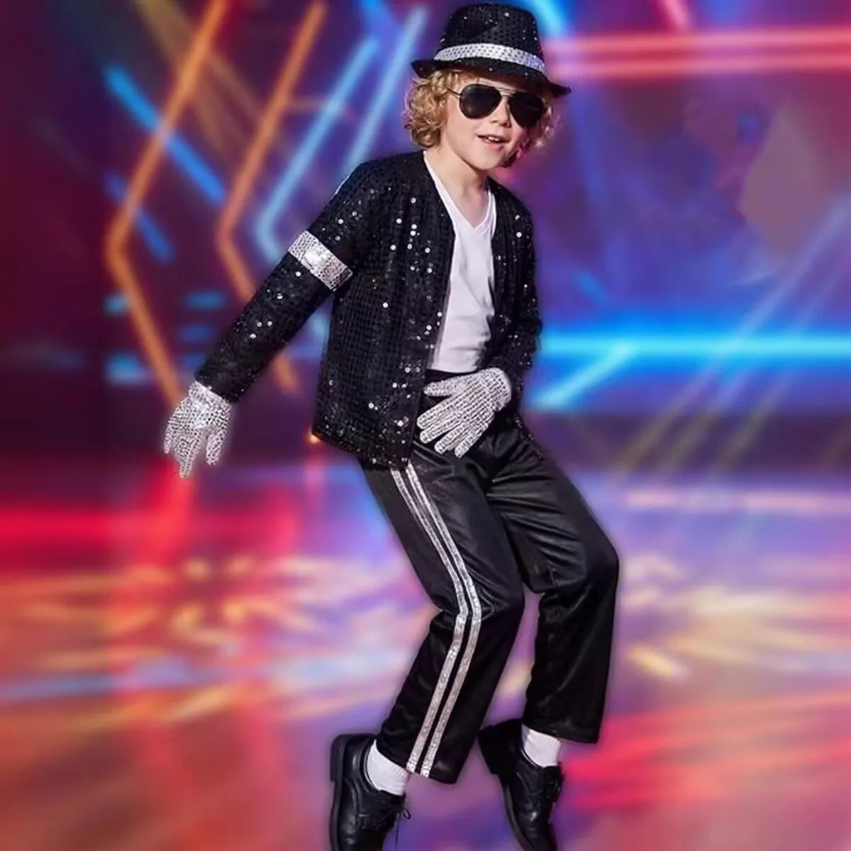 Kids 80s 90s Pop Star Dance Costume Set – Shiny Metallic Sequin MJ Style Role Play Outfit for Boys Girls Stage Party Halloween