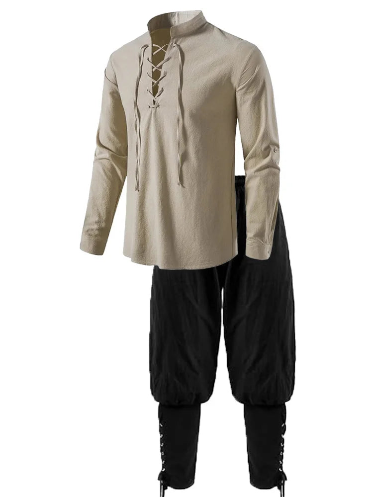 2Pcs Men's Medieval Knight Costume Set Renaissance Costume Pirate Shirts Ankle