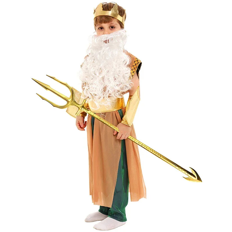 Kids Golden Greek Mythology God King of the Sea Halloween Costume Poseidon Costume for - Wig / Height 135-145cm
