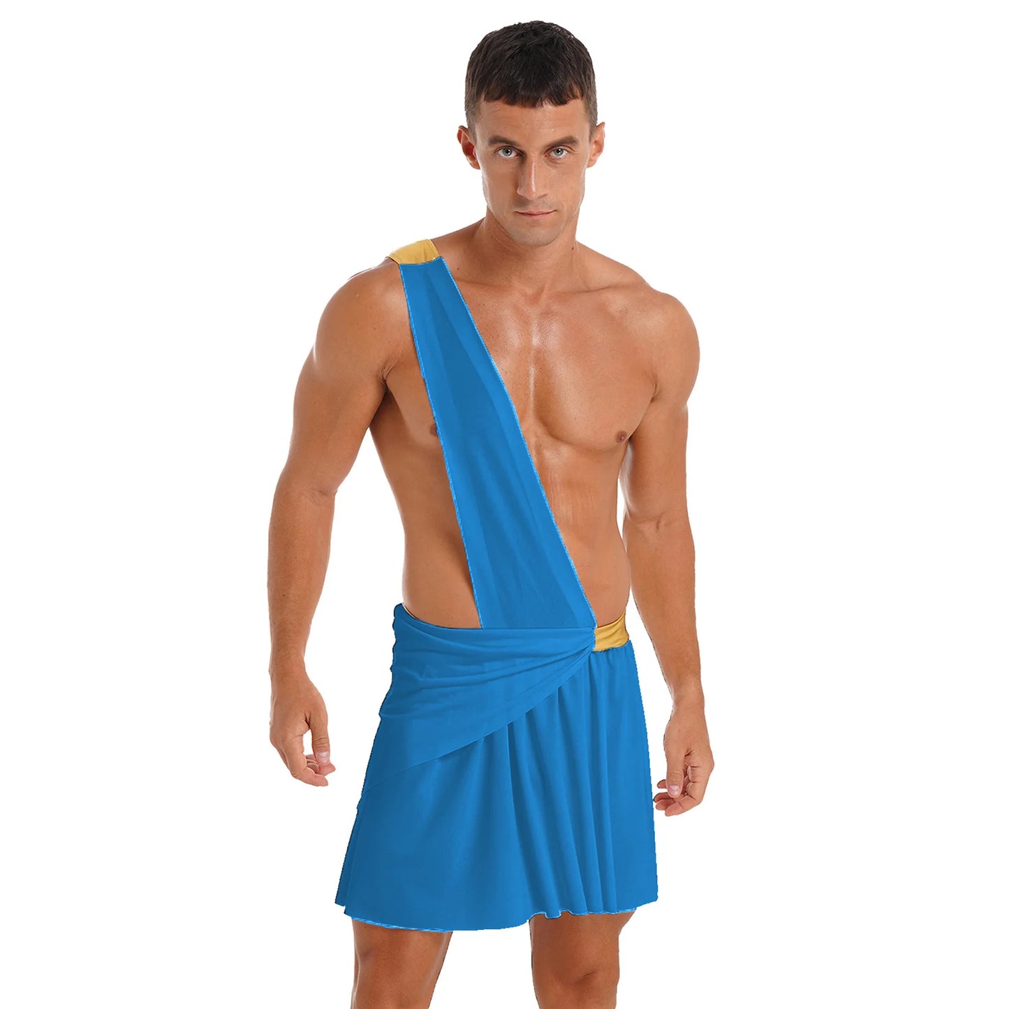 Men's Ancient Greek God Halloween Costume One Shoulder Strap Skirts Knight Warrior - Blue A / XXL