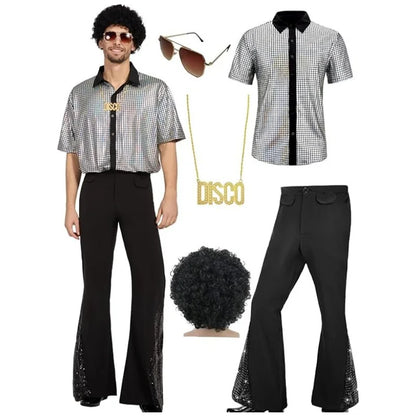 70s 80s Disco Costume For Men Retro Shirt and Bell Bottom Pants Set With Wig Sunglasses Necklace Halloween - product image 6