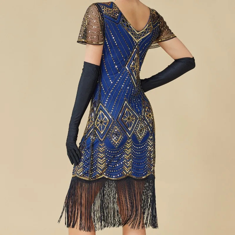 Roaring 20s Retro Beaded Tassel Flapper Dress Mid Length Sequined Mesh Sleeve Formal Dress For Wedding Banquet Costume
