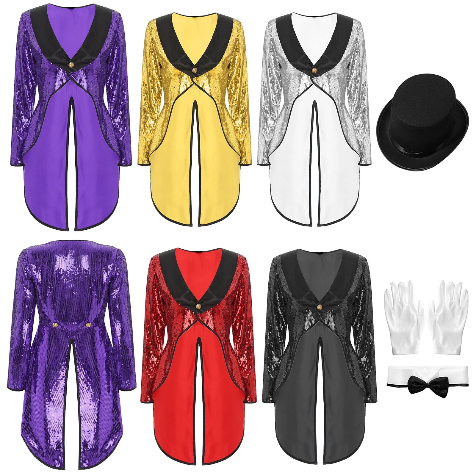 Women's Magician Costume Set Halloween Costume Sleeve One-Button Patchwork Sequin Tailcoat - Silver / L