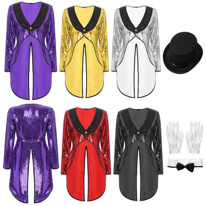 Women's Magician Costume Set Halloween Costume Sleeve One-Button Patchwork Sequin Tailcoat - Silver / L