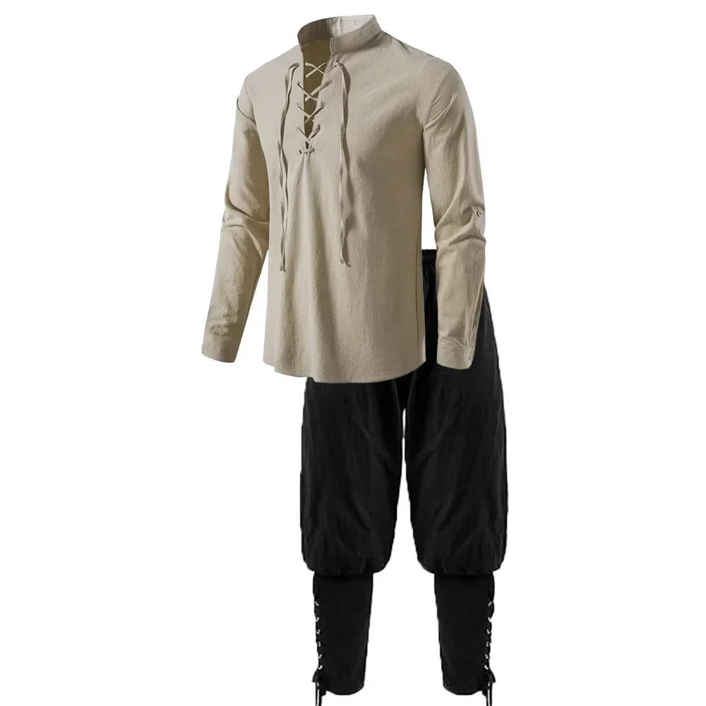 2Pcs Retro Vintage Medieval Renaissance Costume Outfits Pirate Viking Casual Daily