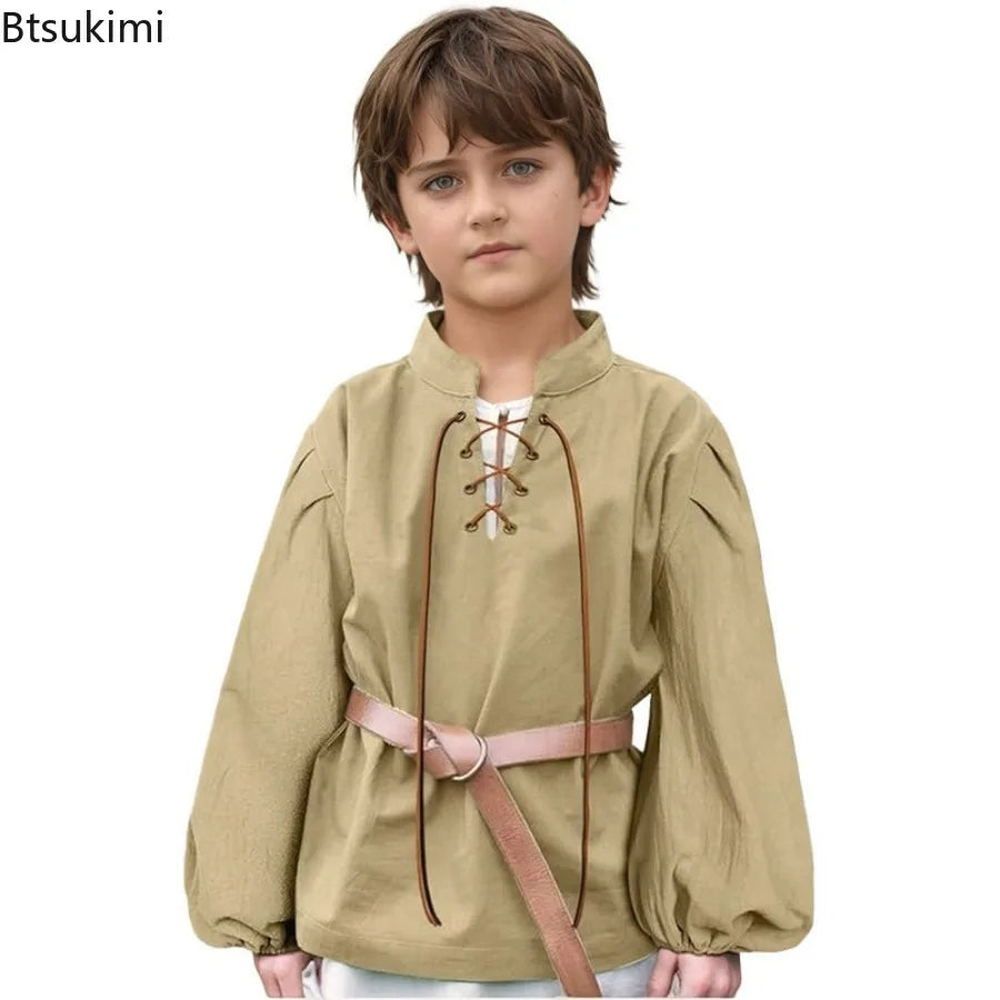Boys Medieval Pirate Shirt Kids Renaissance Lace up Scottish Jacobite Ghillie