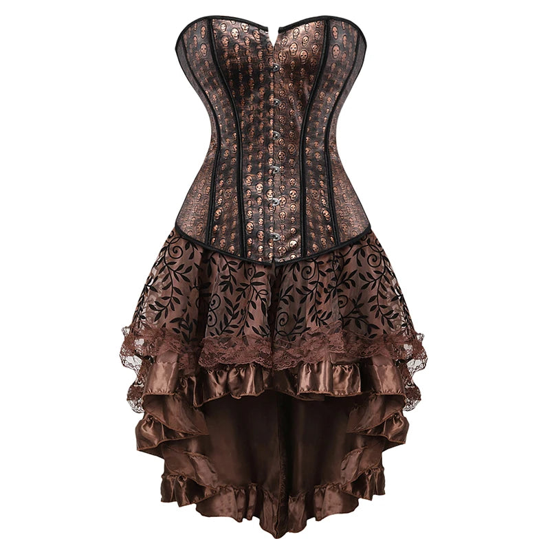 Steampunk Corset Dress Brown Pirate Costume Woman Skirt Plus Size Gothic Underbust