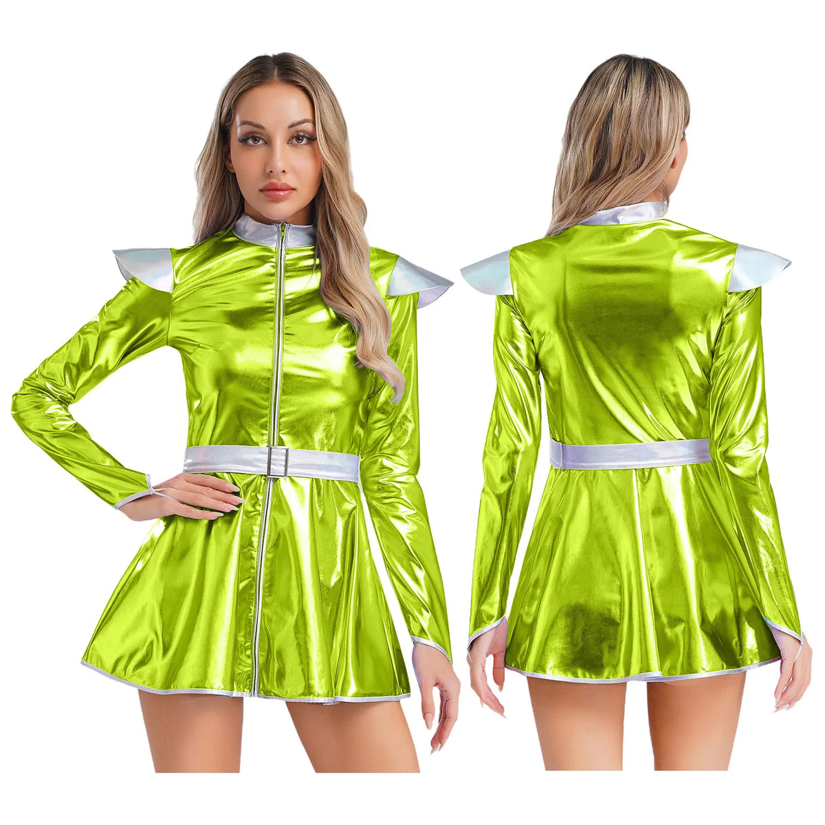 Woman's Outerspace Astronaut Alien Robot Cosplay Costume Metallic Long Sleeve Zip Up A Line Dance Dress for Theme Club Party