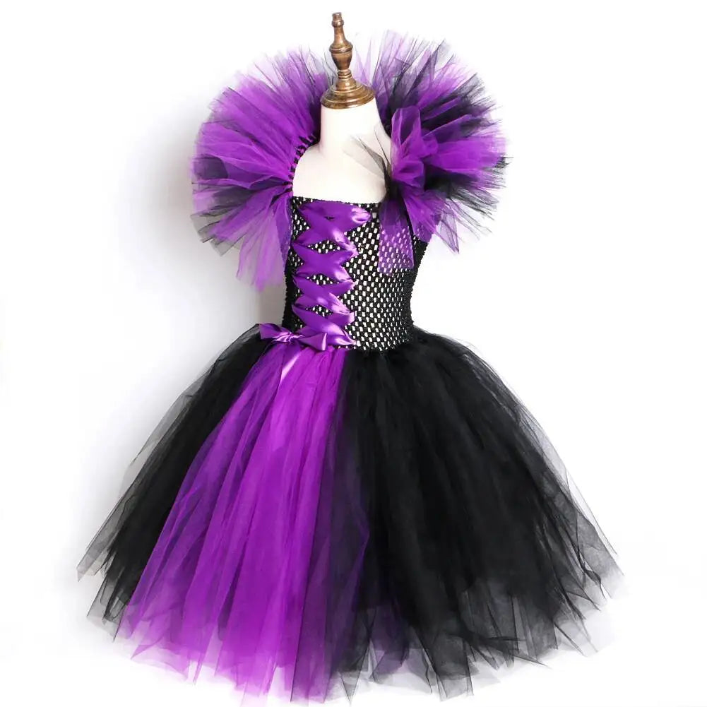 Girls Black Purple Dark Fairy Queen-Inspired Long Costumes with Feather Wings Horns