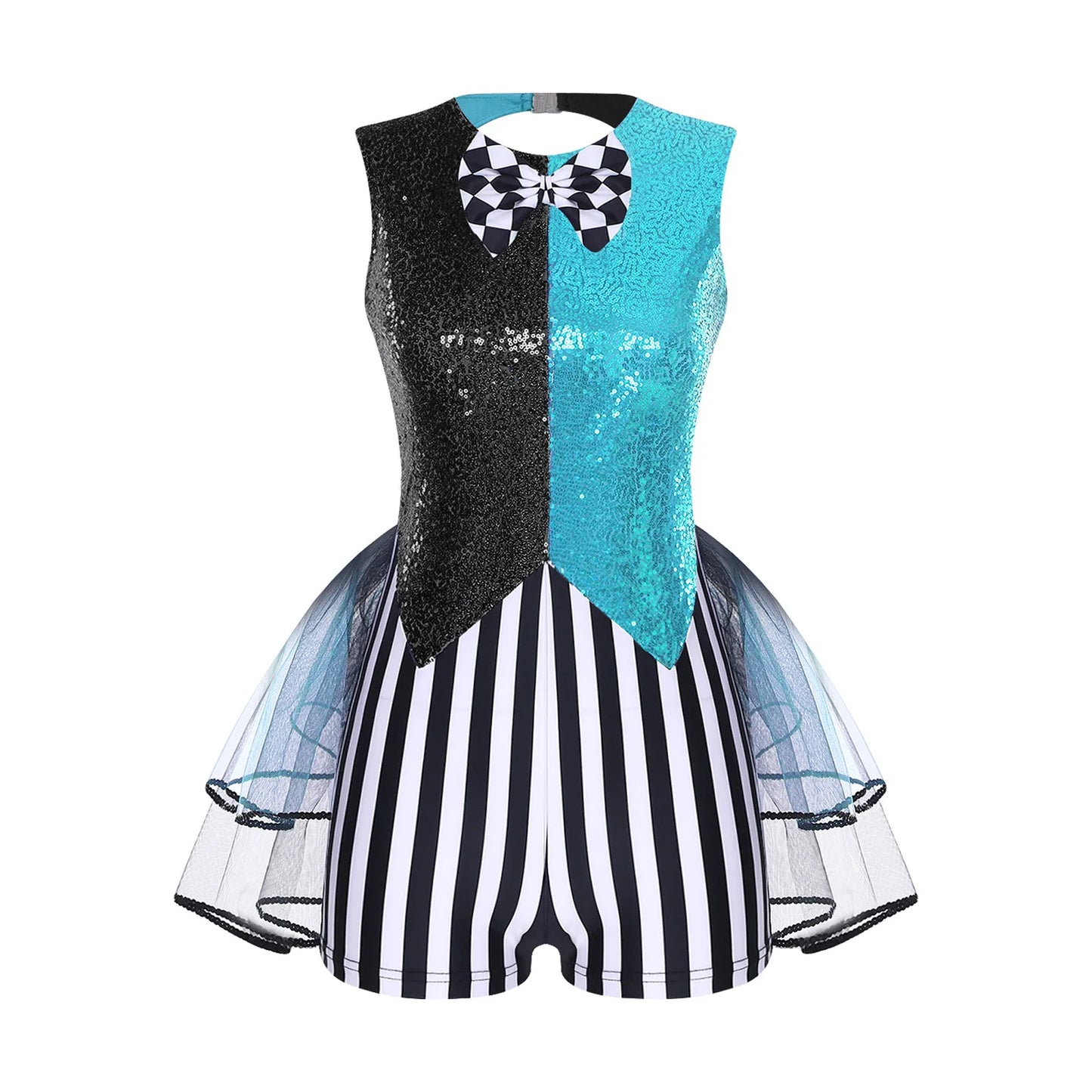 Women's Mad Circus Clown Costume Jumpsuit Sequin and Striped Checker Bowtie Tiered Tulle - Purple / M
