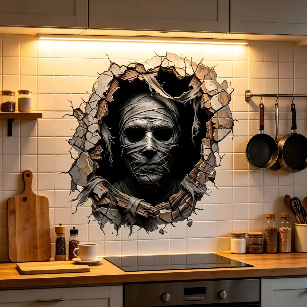 Halloween Mummy Wall Sticker - 3D Broken Wall Effect, Pvc Decal 15.7 - view 4