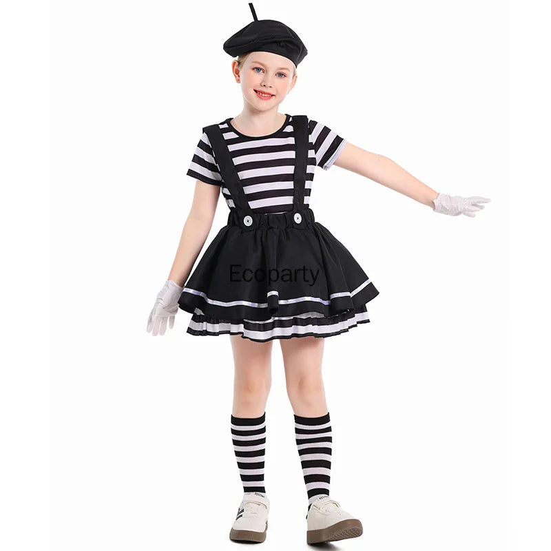 Girls Silent Actor Mime Artist Costume Black White Clown Costume Dress for Kids Kids - Black / M