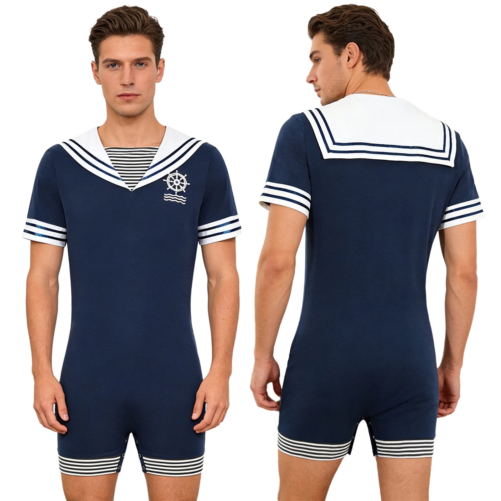 Men Navy Collar Rompers for Halloween Sailor Costume Short Sleeve Press Buttons Crotch - Navy Blue / M