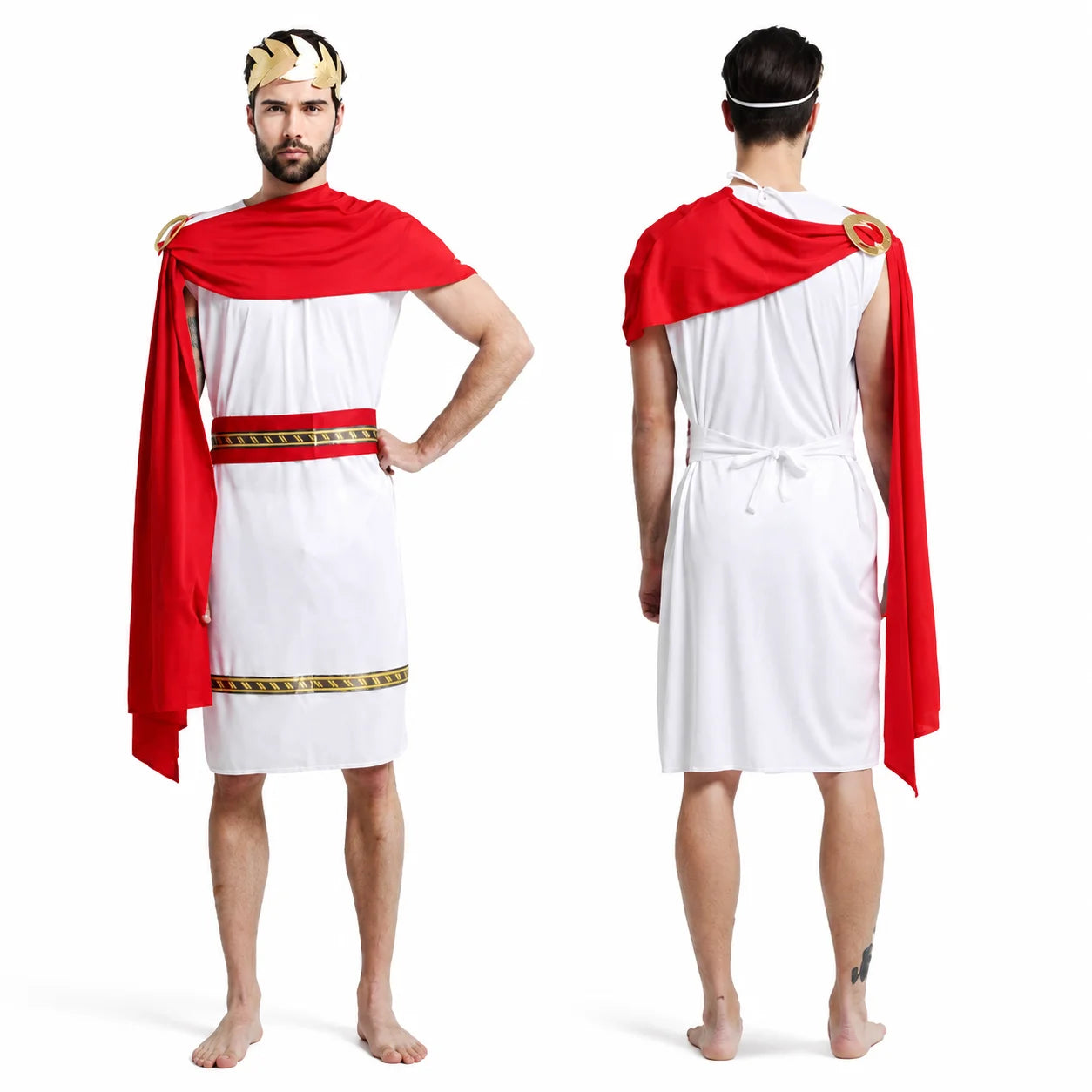 Roman Greek Costume Adult Men Women Couple Toga White Tunic Red Cape Gold Laurel Wreath - Women suit / One Size