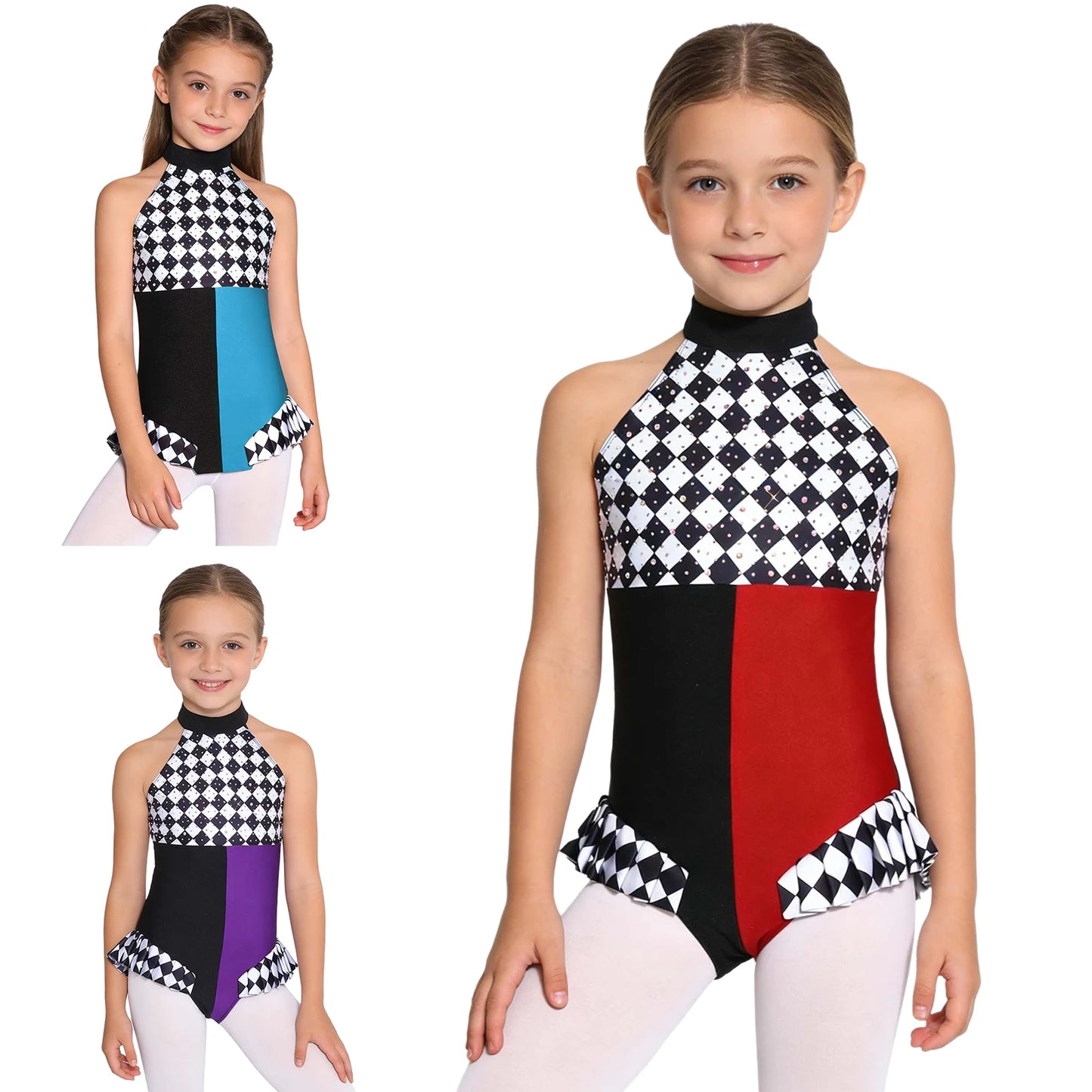 Kids Girls Circus Clown Mad Hat Costume Rhinestones Halter Sleeveless Plaid Jumpsuit - Burgundy A / 12