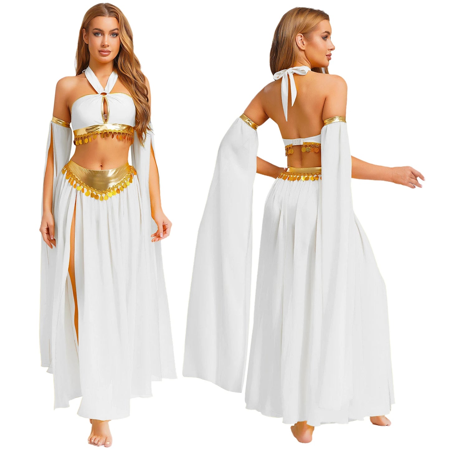 Women Halloween Cleopatra Ancient Egyptian Queen Sun Goddesses Cosplay Costume Crop Top with Skirt Belly Indian Dance Outfit